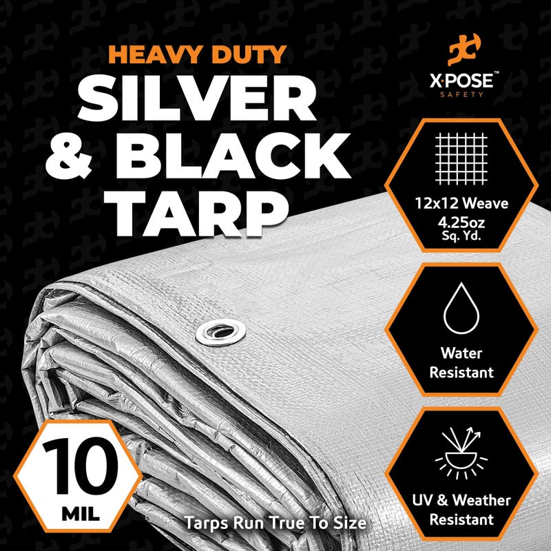 xpose safety Heavy Duty Poly Tarp -10' x 15'- 10 Mil Thick Waterproof, UV Blocking Protective Cover - Reversible Silver and Black - Laminated Coating - Grommets - by Xpose Safety - Image 3